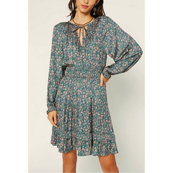 Anthropologie Current Air Tiered Green and Pink Floral Mini Dress Sz. S - Picture 1 of 12